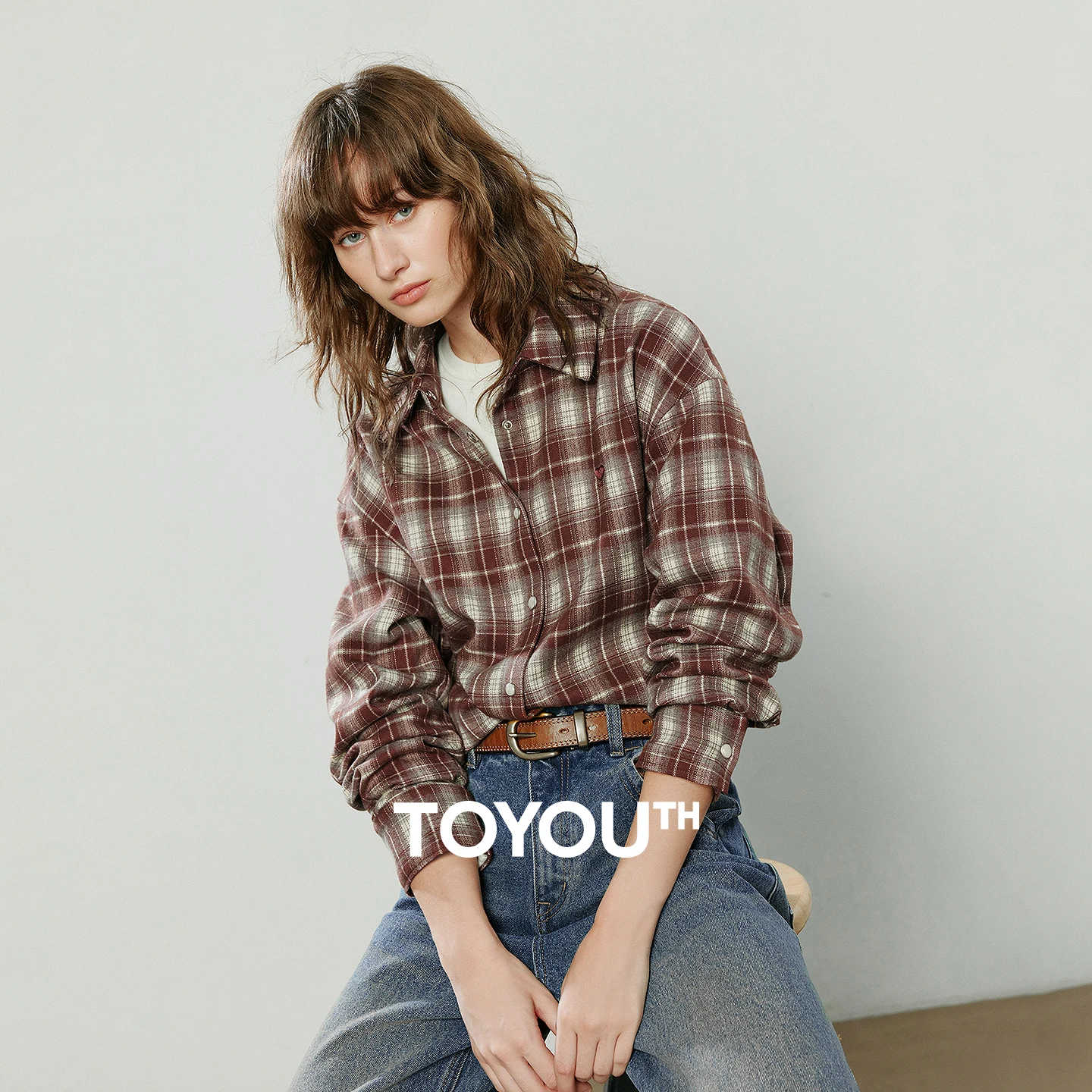

TOYOUTH Women's Shirt 2025 Winter New Retro Plaid Burgundy Flannel Warm Loose Blouse