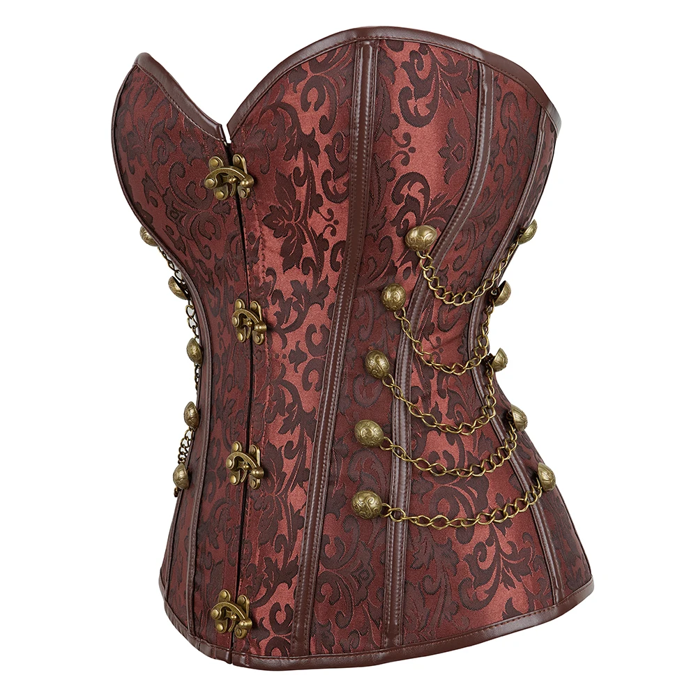 Steampunk Overbust Corset Waist Control Gothic Cincher with Chains Embroidery Bustier Top