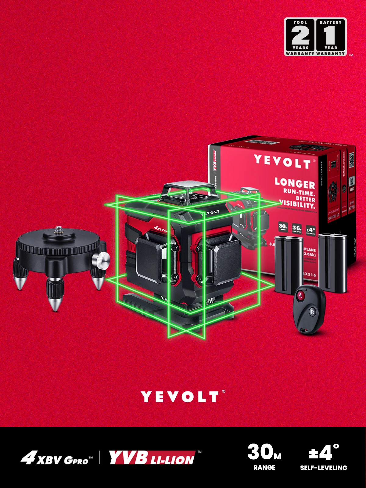 YEVOLT YVGLL4XS16DP-d 4-Plane 16 Lines Green Laser Level with 360°Rotating Base All Day Work Measuring Horizontal & Vertical Too