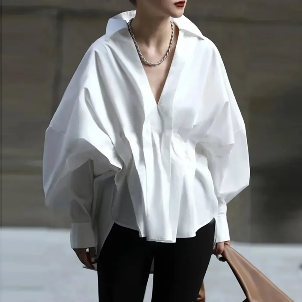 Modigirl Women's Blouses Long Puff Sleeves 2025 Spring Summer Pleated Lapel White Black Loose Office ShirtsTops for Female