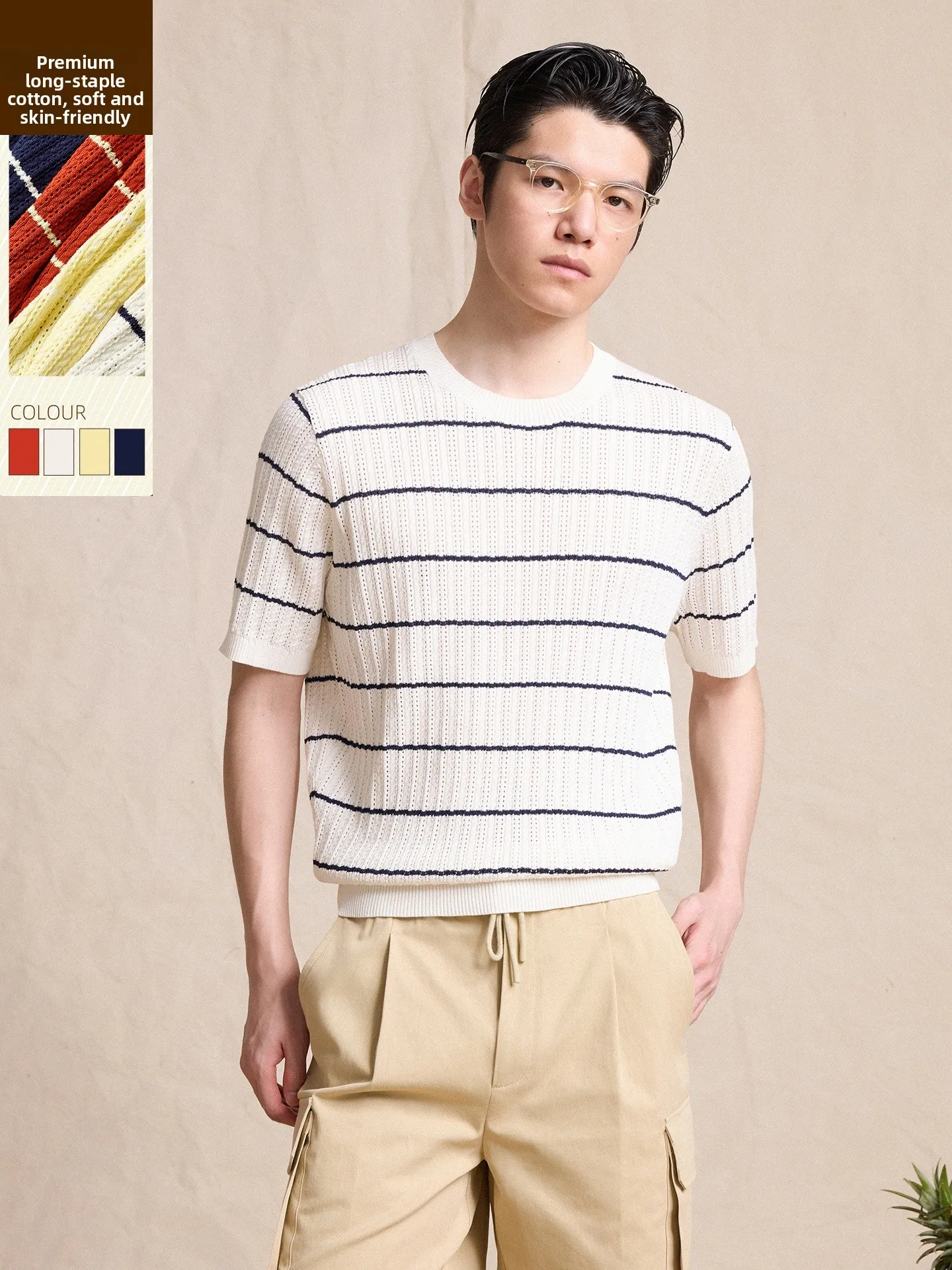 

CULTUM Men's Pure Cotton Knitted Short Sleeve T-shirt Breathable Hollow out Sea Soul Stripe Pattern Comfortable Summer Top