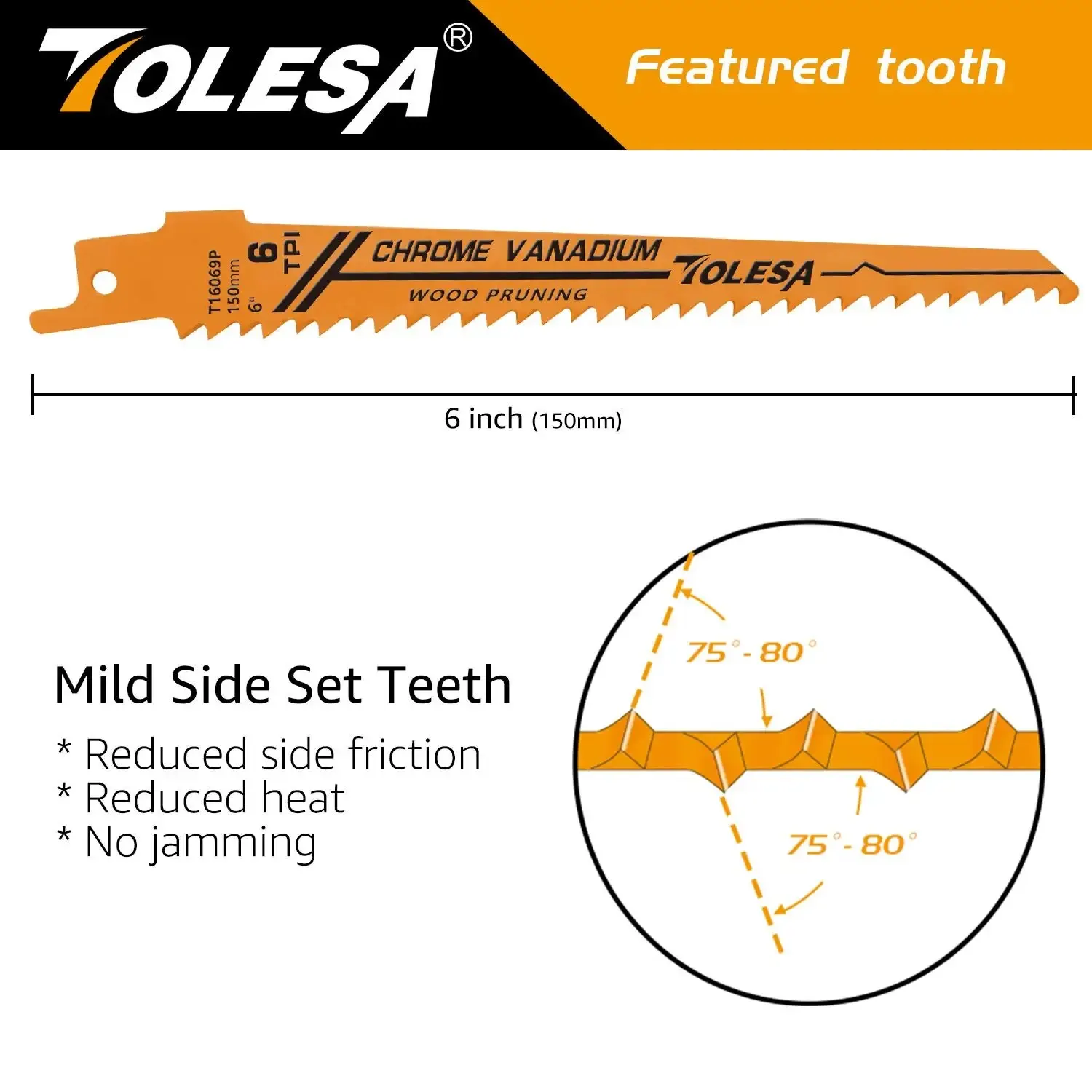 TOLESA 5PCS 6TPI 6 Inch Wood Pruning Reciprocating Saw Blades for Wood and PVC Pipe Cutting CRV Sharp Ground Teeth Sabre