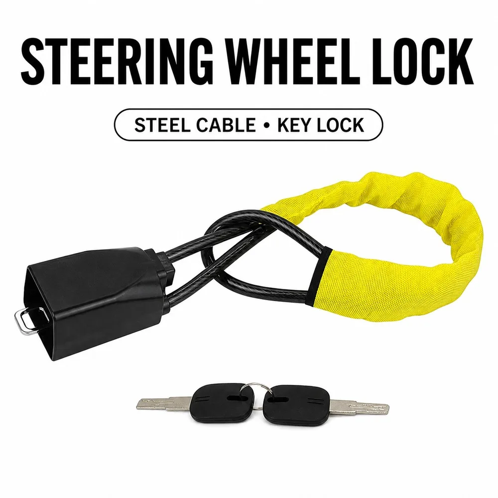 Portable Steering Wheel Cable Lock for Car Security Heavy Duty Braided Steel Keyed Lock Compact Vehicle Theft Deterrent