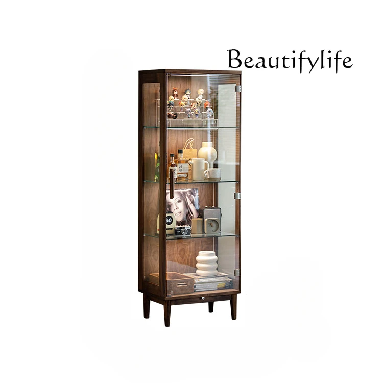 

Black Walnut Glass Display All Solid Wood Wine Cabinet Living Room Simple Modern Bookcase TV Side Cabinet