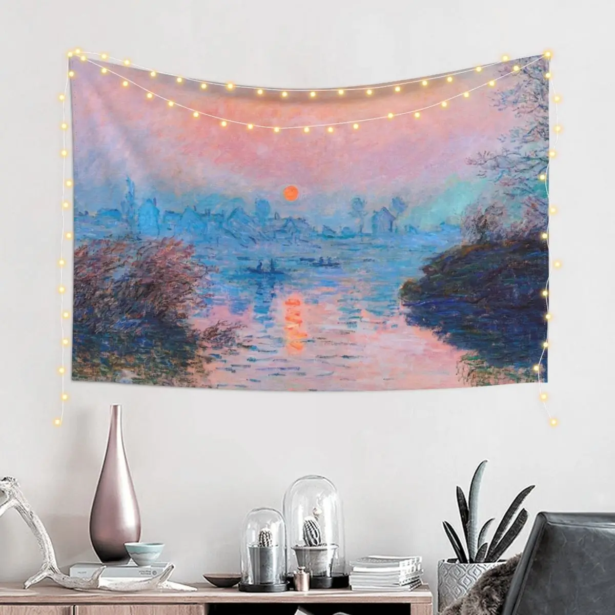 Sunset on the Seine at Lavacourt Winter Effect by Claude Monet Tapestry Home Supplies Wallpapers Home Decor Tapestry