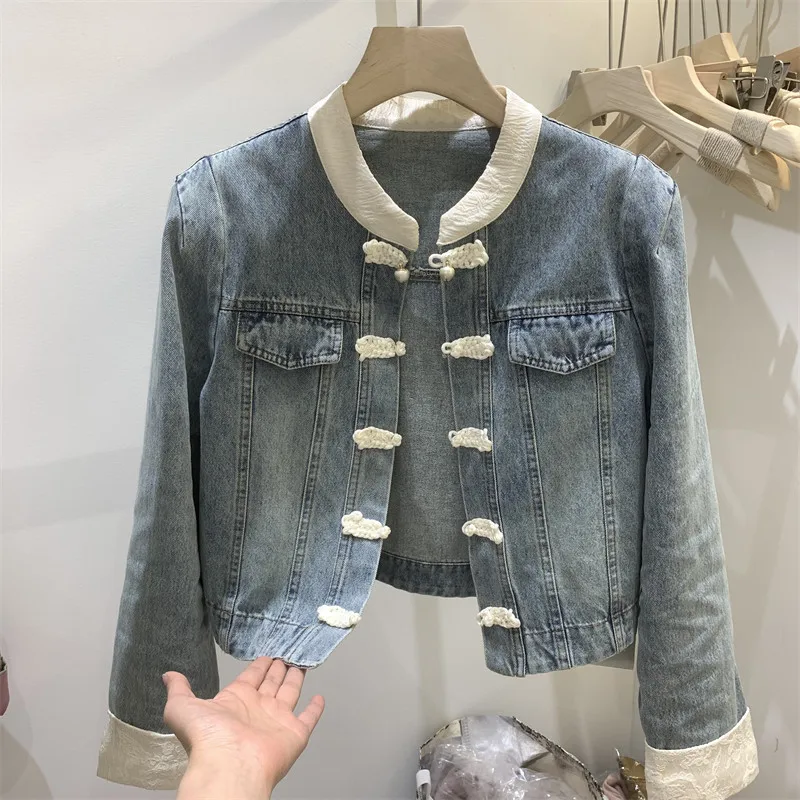 Nuovo cappotto di jeans da donna in stile cinese 2024 primavera moda o-collo Splicing fibbia a disco giacca di jeans manica lunga capispalla allentata B327