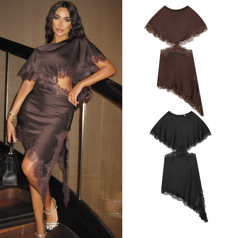 Sukienka z wycięciami z koronki dla kobiet, czarna, brązowa, sukienki midi, asymetryczna, seksowna sukienka wieczorowa damska, sukienka z rękawami typu peleryna, lato 2026