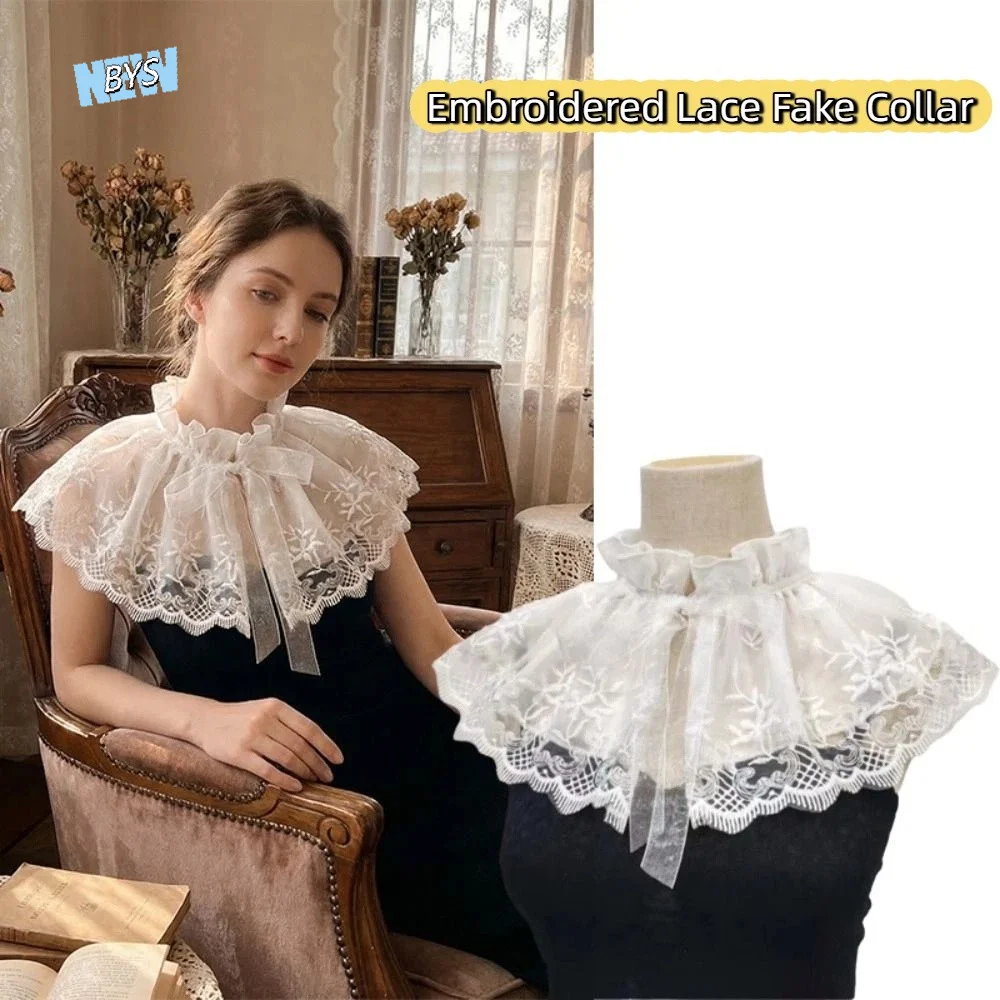 

Cape Embroidered Lace Fake Collar Small high collar Double-layer Blouse False Collars Korean Style Wraps Flower Scarves Women