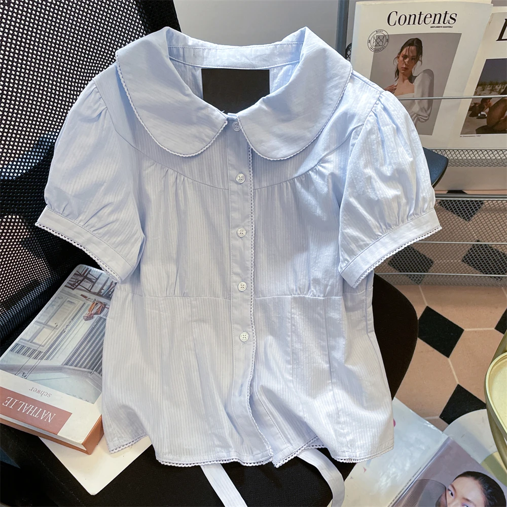 

Sweet Doll Collar ort irt Waist Cinched Bubble Sve Топ для лета Youth Faion Slim Fit Button Plaet Color