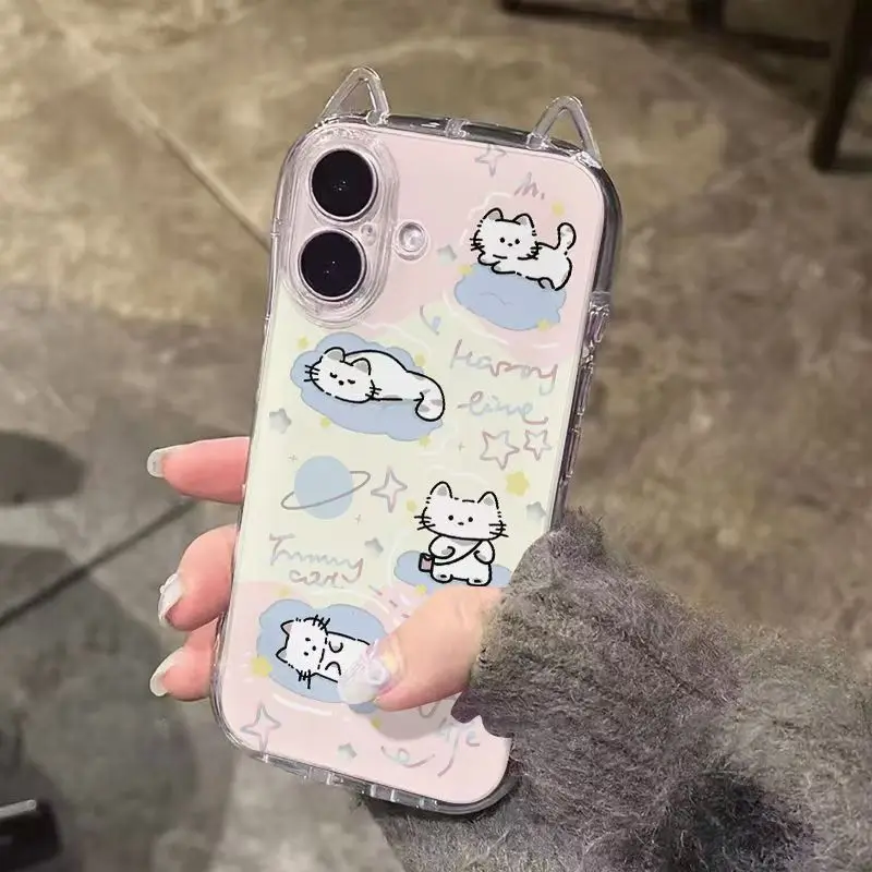 Прозрачный чехол для iPhone 17 16 15 14 13 Pro Max Mini с милым мультяшным принтом кошки, с кошачьими ушками, противоударный, пылезащитный, защитный чехол