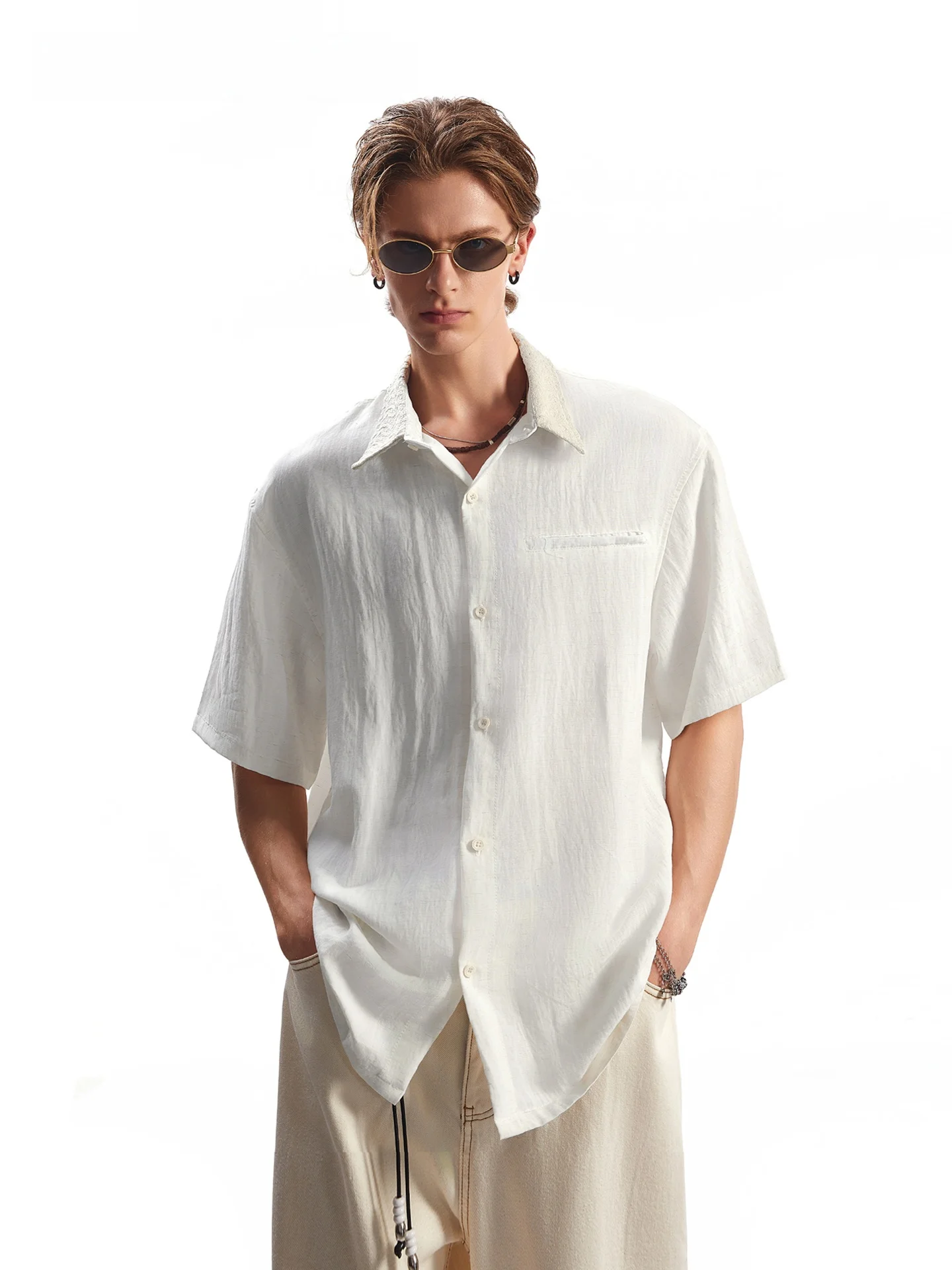 

SDMADE American Style Cleanfit Embroidered Short Sleeve Shirt Men's Summer Linen Shirt Loose Fit Cooling Sensation