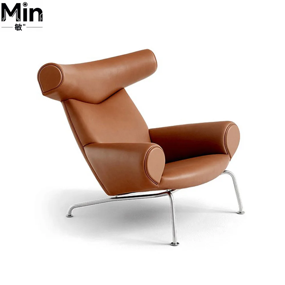 Vintage Design Genuine Leather Fiberglass Frame Accent Chair for Modern Living Room Leisure Space
