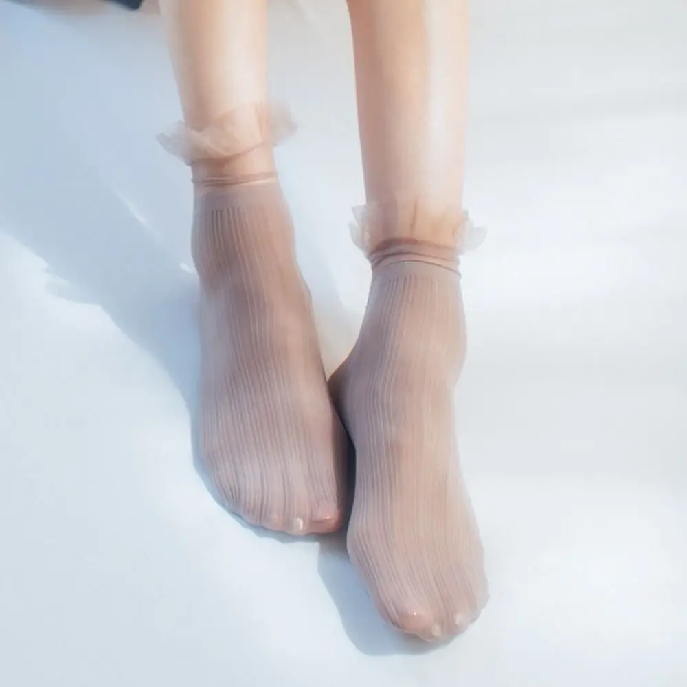 Kawaii Lolita Summer Women Socks Elastic Ultra-thin Transparent Mesh Socks Hollow Out Lace Ruffle Socks For Female Ladies