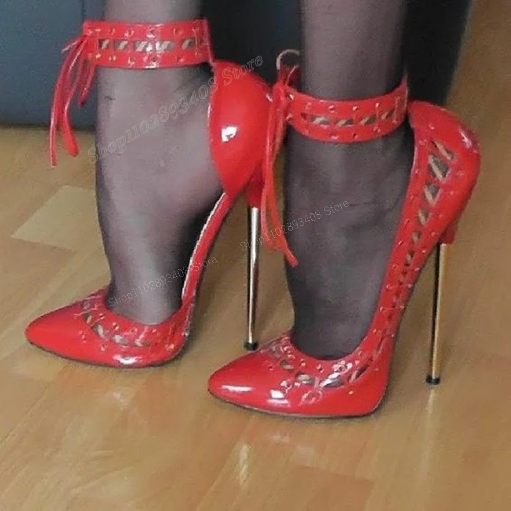 Zapatos de tacón alto y fino Para mujer, calzado de charol con correa en el tobillo, diseño Sexy rojo, punta estrecha, 2024