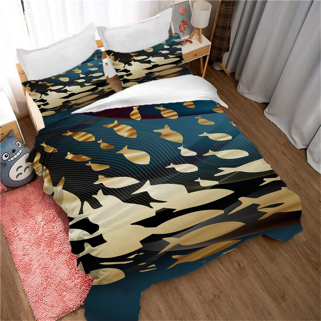 HUANZHUANG Duvet Cover Girl Room Set Fashion Youth Golden Abstract Fish Children Bedding Set Linen Queen Size Bed Comforter Cove