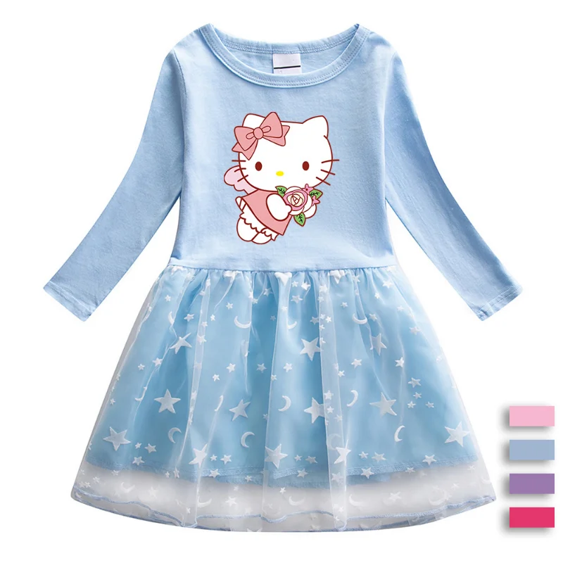 Hello Kitty Cute Cartoon Print Children Cotton Fashion Pleated Princess Dress Star Moon Net Yarn Long-sleeved Casual Girls Skirt