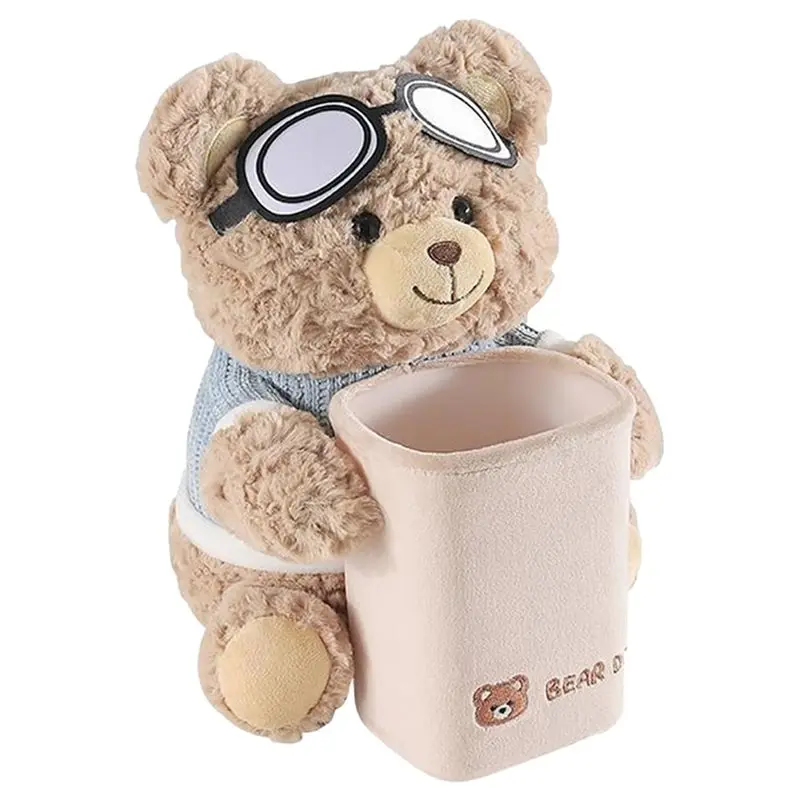 ALIM-Cute Bear Plush Car Tissue Holder And Trash Can, 2-In-1 Cartoon Bear Car Tissue Box Design With Aviator Goggles