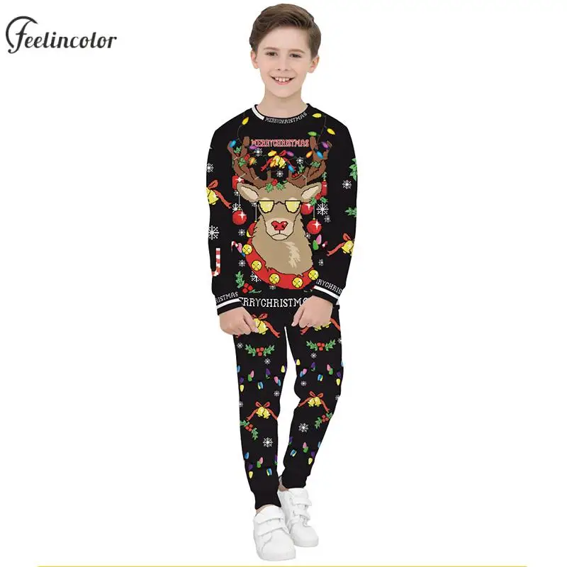 Crewneck Sweatershirt for Kids Christmas Tracksuit Black Vintage Streetwear Autumn Pullover Xmas New Year Holiday Child Clothing