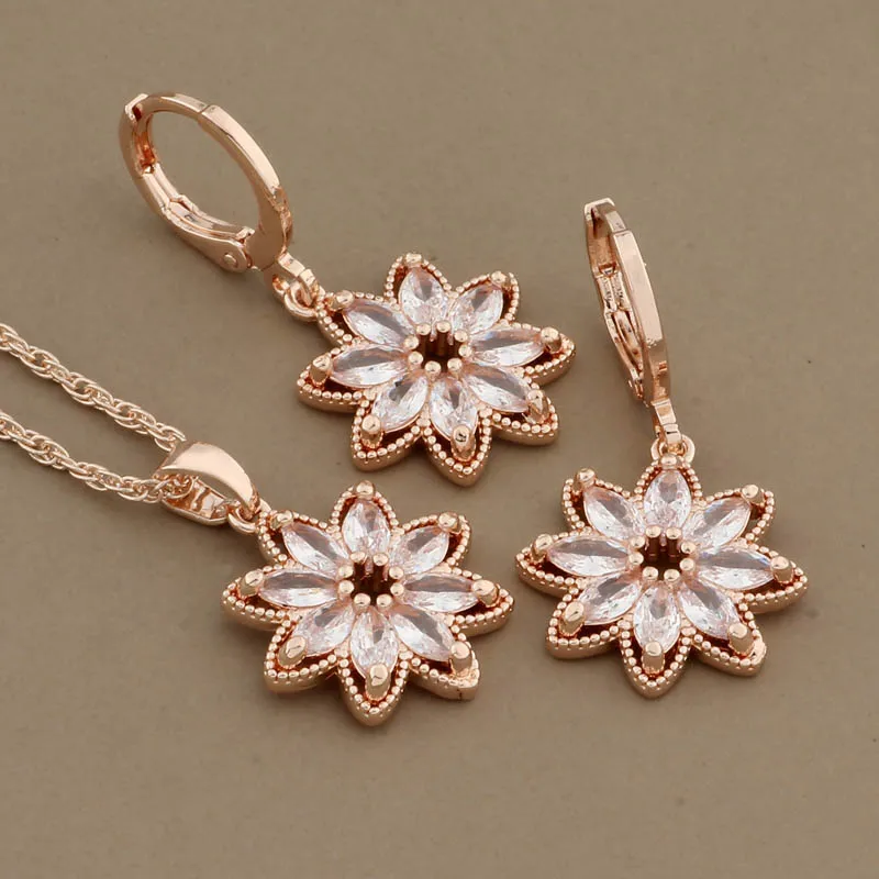 New Trend Earrings 585 Rose Gold Color Hanging Earrings Stes for Women Fashion High Quality Natural Zircon Flower Jewelry Set