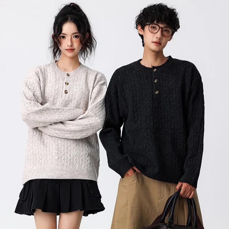

Autumn and winter Henry collar pullover sweaters for men and women, old money style loose lazy twist knitted sweater jackets
