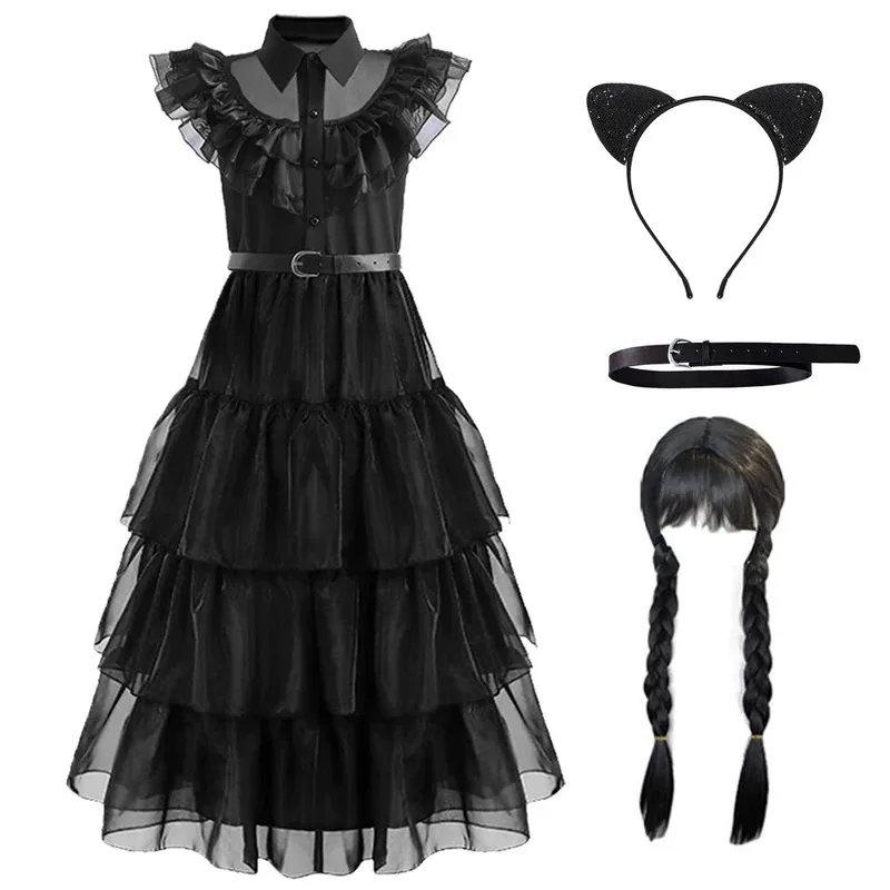 25COSGirls Black Halloween Cosplay Costume Kids Princess Dress With Wigs Belt Socks Cat Ears Headband Birthday Party Halloween O - view 3