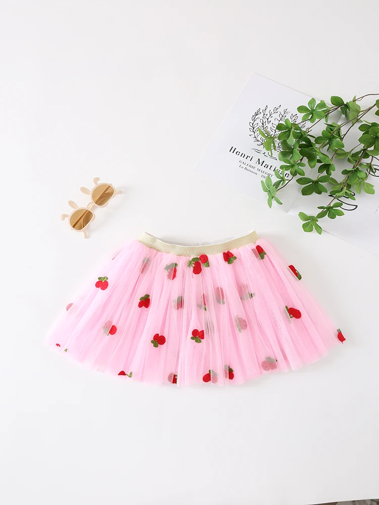 2-8years Baby Girls Fashionable Strawberry Tulle Fabric embroidery Mesh Fabric Wedding Fabric for  Girl Tulle tutu Skirt