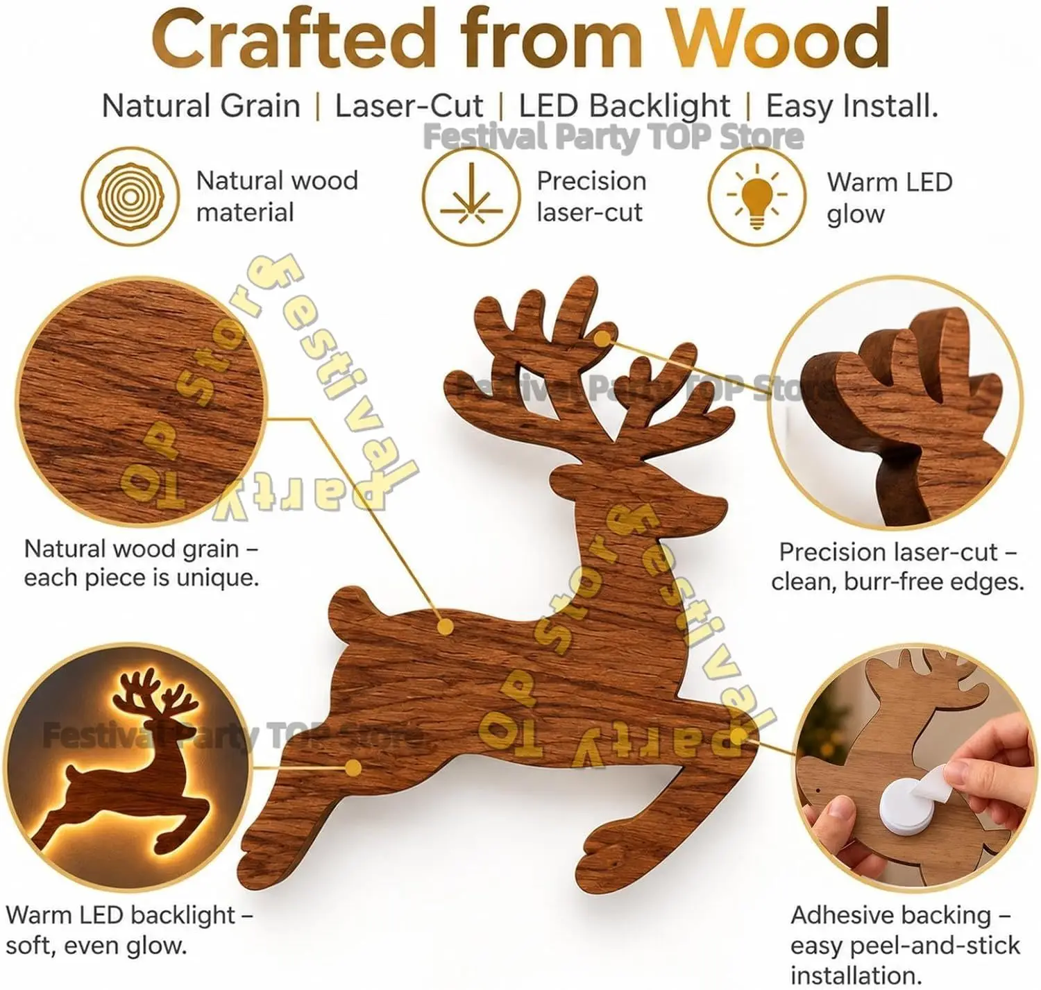 Reindeer Glow Christmas Decor LED Light up Glowing Reindeer Wall Stickers Outdoor Festive Lighting Holiday 3D Wood Decor Gift view 3