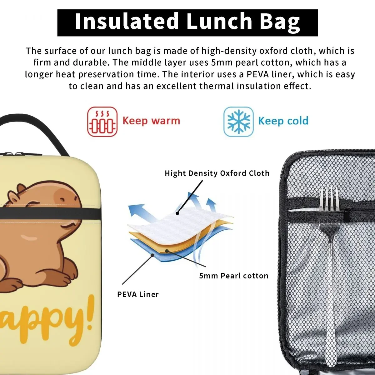 Cute Happy Capybara Accessories Insulated Lunch Bag for Children School Food Box Portable New Arrival Cooler Thermal Lunch Box