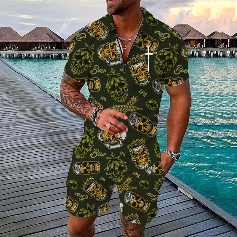 

Hawaiian Shirts Are Suitable For men's Holiday outfits. A men's beach-style POLO Shirt And Shorts Set With Skull Print Patterns