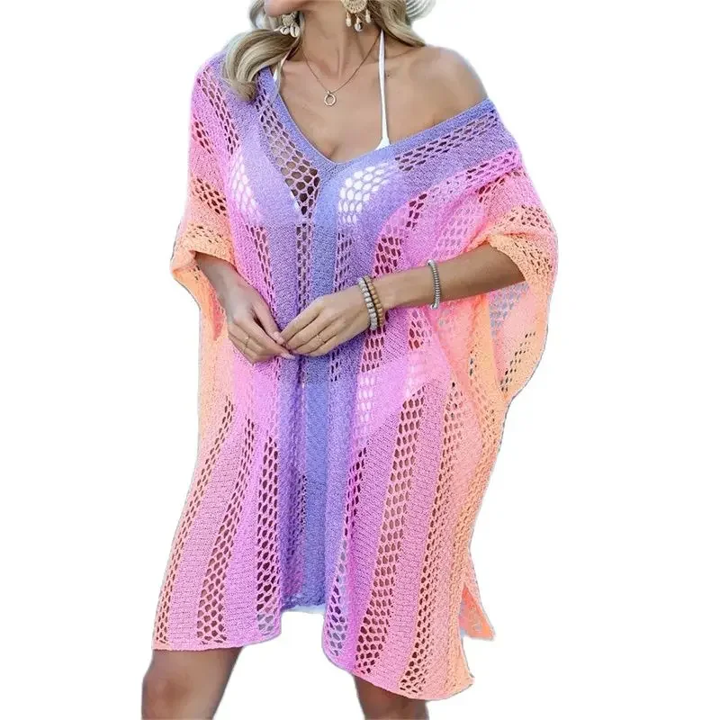 

Rainbow Color Knitted Bikini Cover-ups Women V Neck Hollow Out Sun Protective Coverall Female Summer Beach Casual Loose Blouse 4