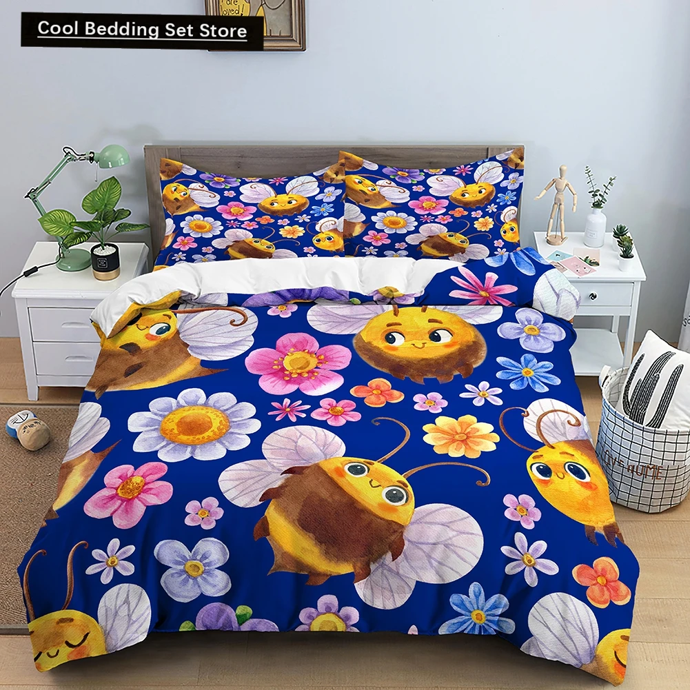 

Cartoon Bee Duvet Cover King Queen Lovely Yellow Flying Animal Bedding Set for Kids Boys Girls Beautiful Flowers Comforter Cover