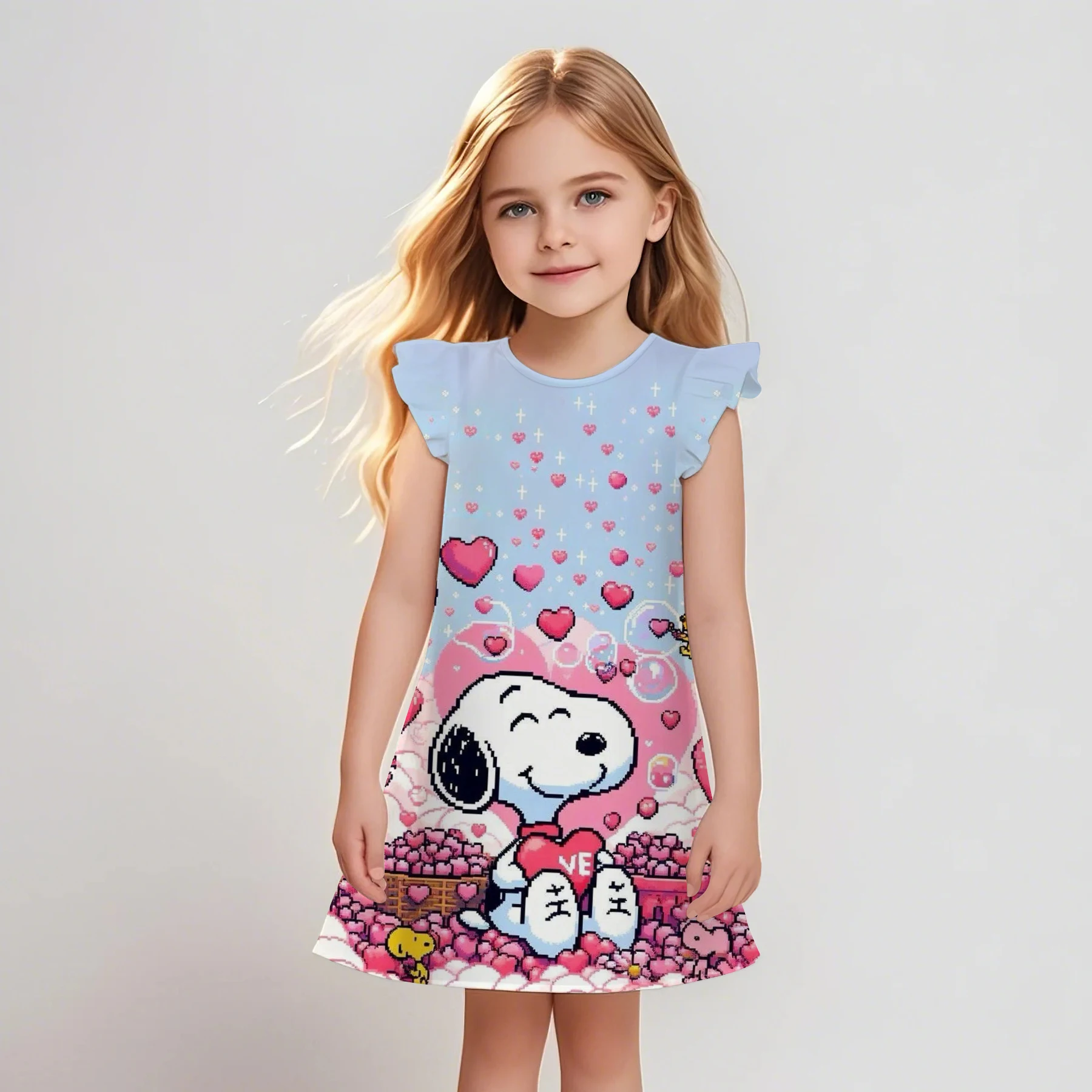 

Children's Round Neck Flying Sleeves Snoopy Print Skirt 2025 Summer Trend Polyester Fiber Lightweight Anti-wrinkle