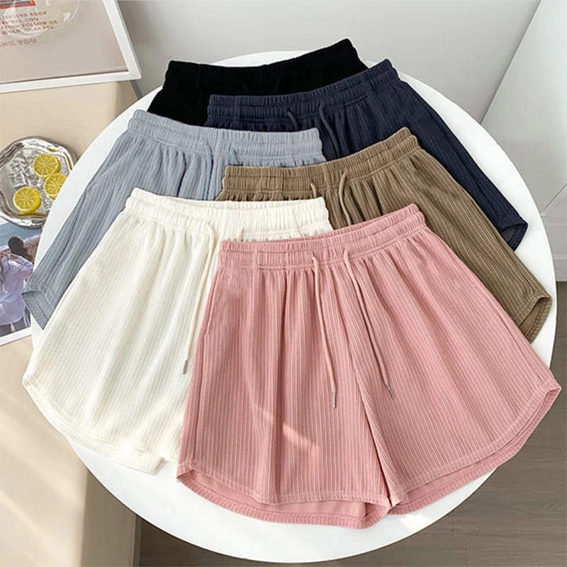 Fashionable Waffle High-Waisted Wide-Leg Loose Casual Sports Commuter Shorts