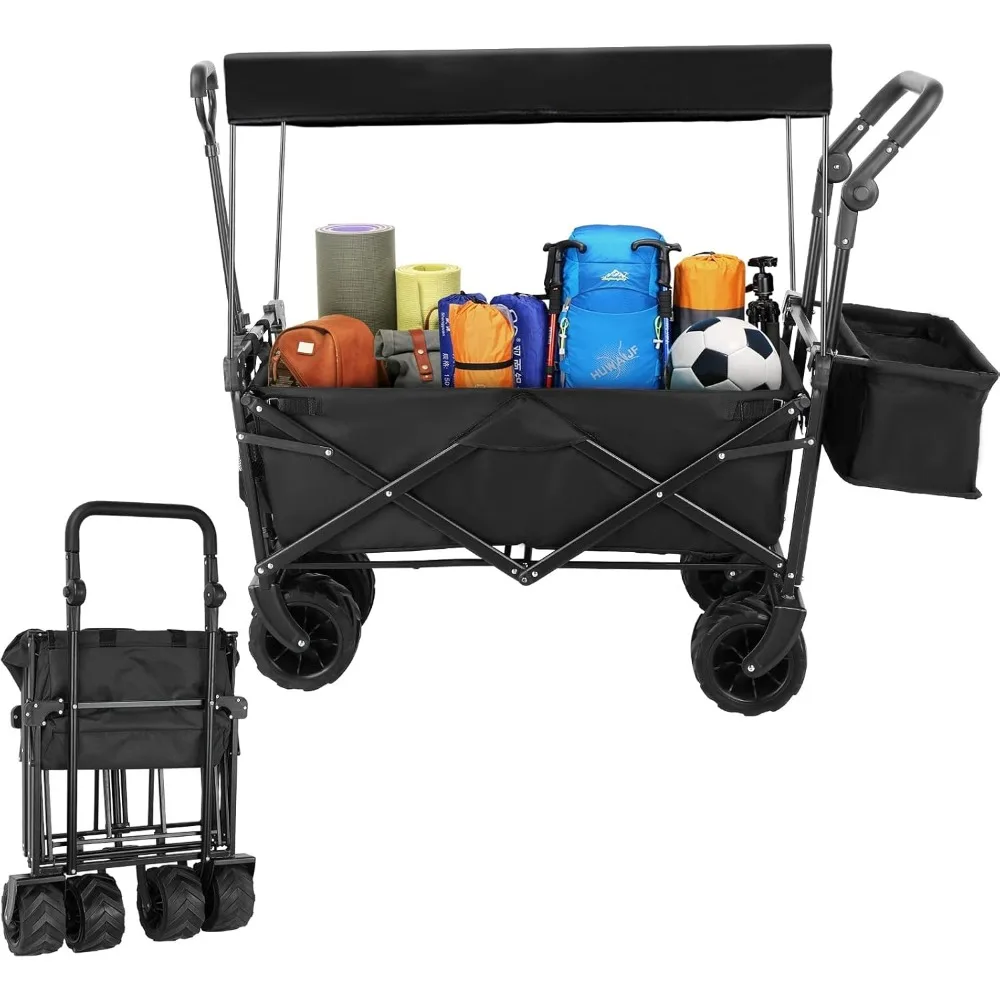 

Collapsible Garden Cart w/Removable Canopy, Extra Large Folding Utility Wagon Carts w/7" Wheels, Heavy Duty Outdoor All Terrain