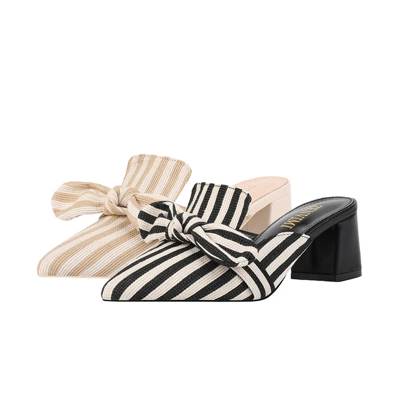 

Europe and America 2024 Spring/Summer New Fabric Bow Stripe Pointed Thick Heel Sandals High Heel Women's Single Shoe 507-2