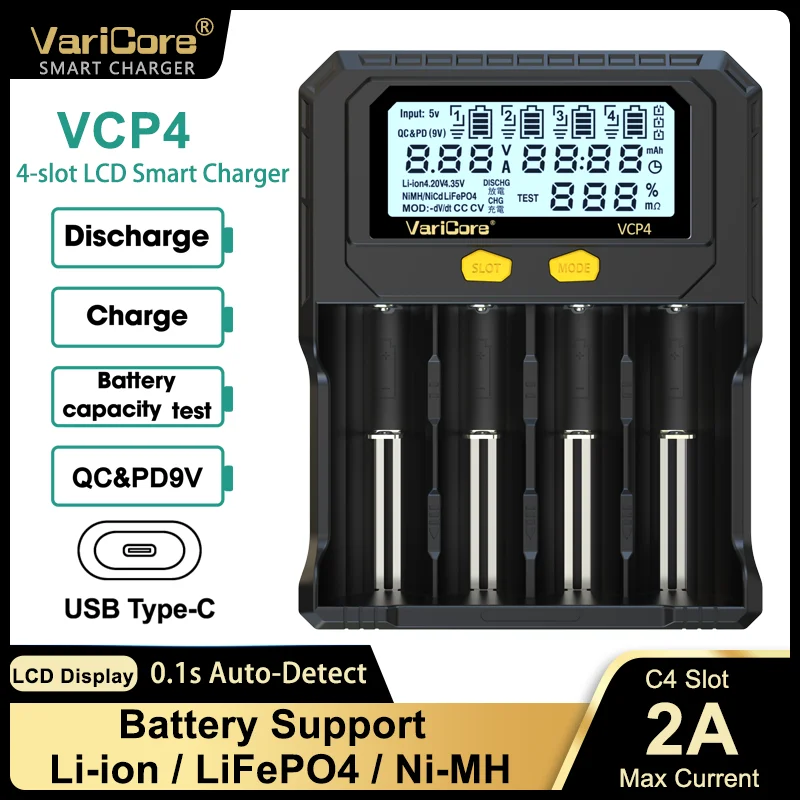 

VariCore VCP4 LCD Fast Charger for 18650 21700 26650 3.7V Li-ion 1.2V Ni-MH AA AAA Battery TYPE-C input whit Capacity Test