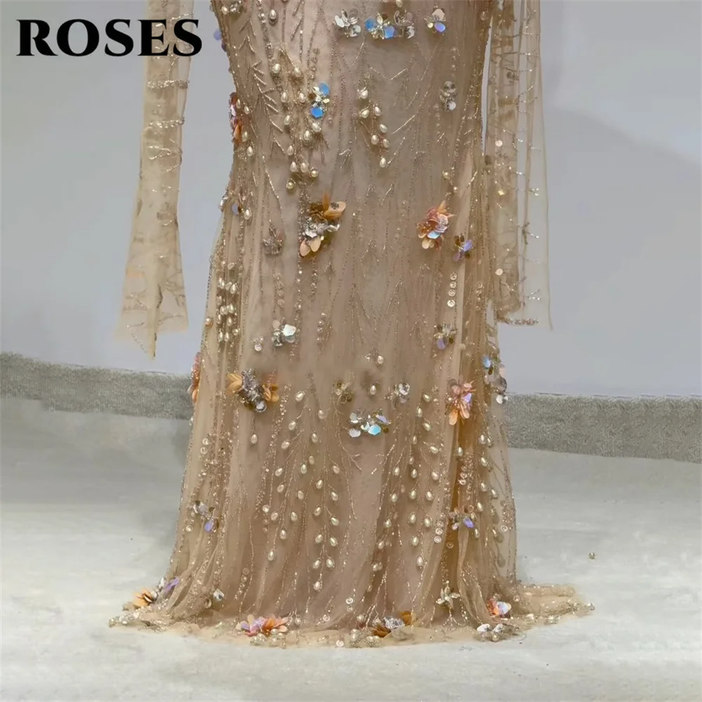 Gaun Pesta Champagne ROSES Model Sweetheart Mermaid dengan Hiasan Bunga 3D فساتين السهرة Gaun Gala yang Dapat Disesuaikan