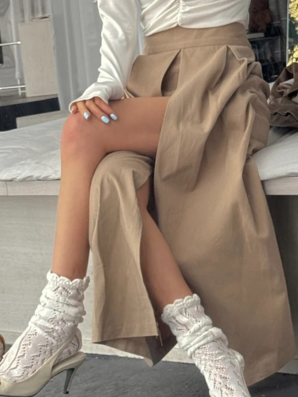 

Шикарная женская юбка-миди трапециевидной формы с разрезом и складками, эластичная талия, утягивающая универсальная антилегкая длинная юбка, брюки