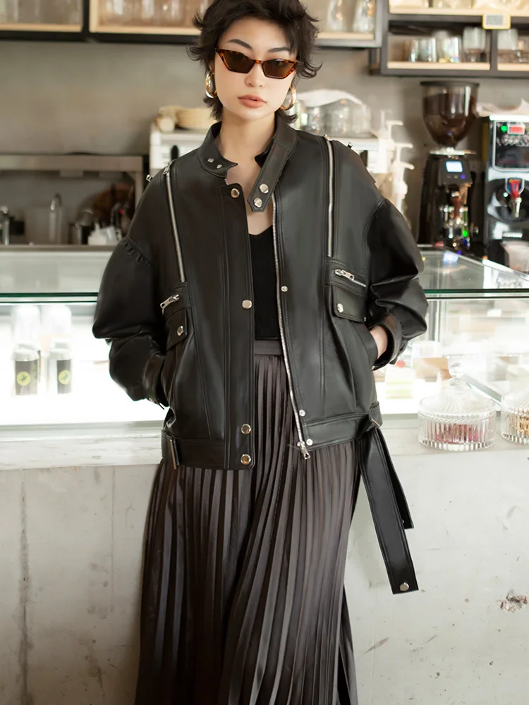 Dames Eapenvacht Leer Jaet Rits Opstaande Kraag Loose Fit Ort Sle Faionable Streetwear Lente 2025