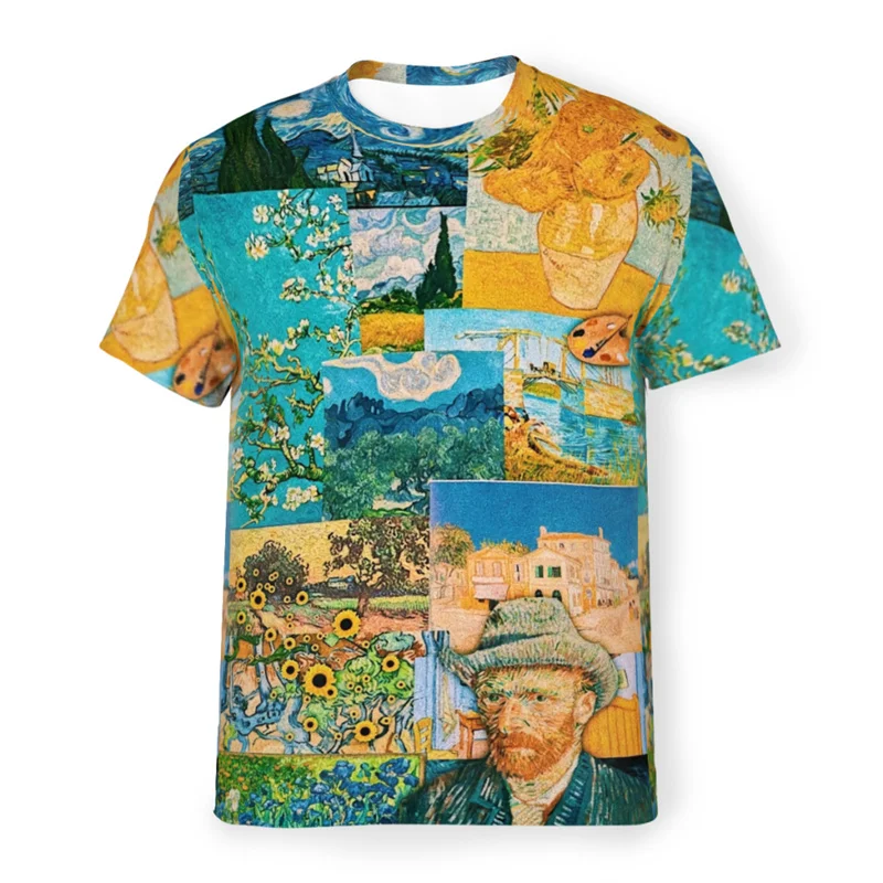 Art Oil Painting Pattern T Shirt For Men Starry Sky Sunflower Portrait 3D Printed T-Shirts Casual O-Neck Short Sleeve Loose Tees
