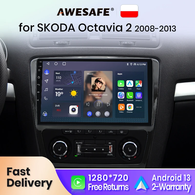 AWESAFE Wireless CarPlay for Apple Android 13 Auto Radio for Skoda Octavia 2 A5 2008-2013 Multimedia Screen Stereo GPS RDS DSP