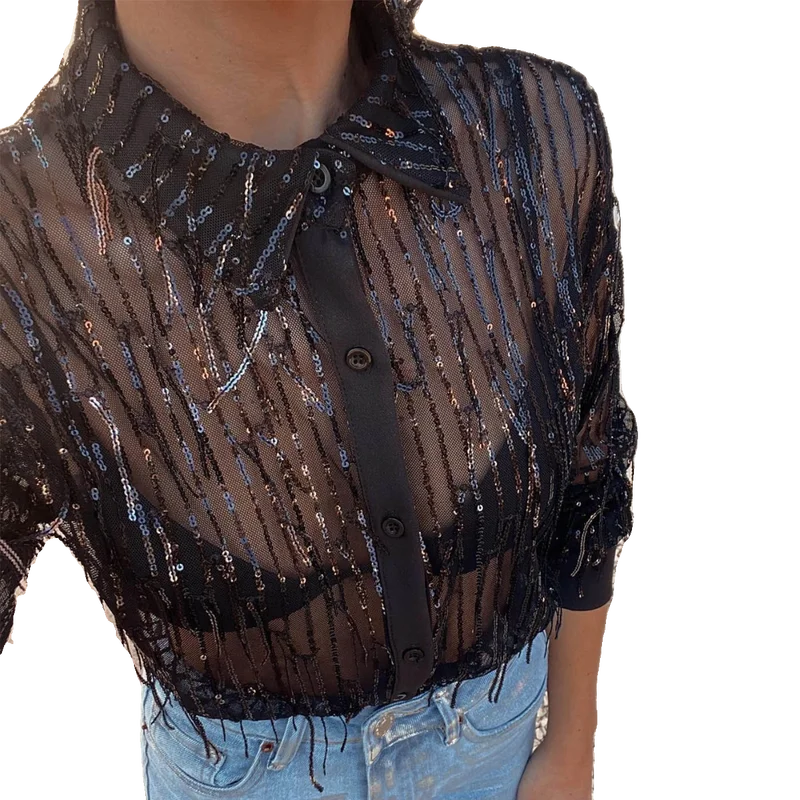 

Женская футболка Long Sve Bead Tassel Irt с воротником-стойкой, обычная длина, ацетатное волокно, 00% футболка, женский топ Faion, осень 2023 г.