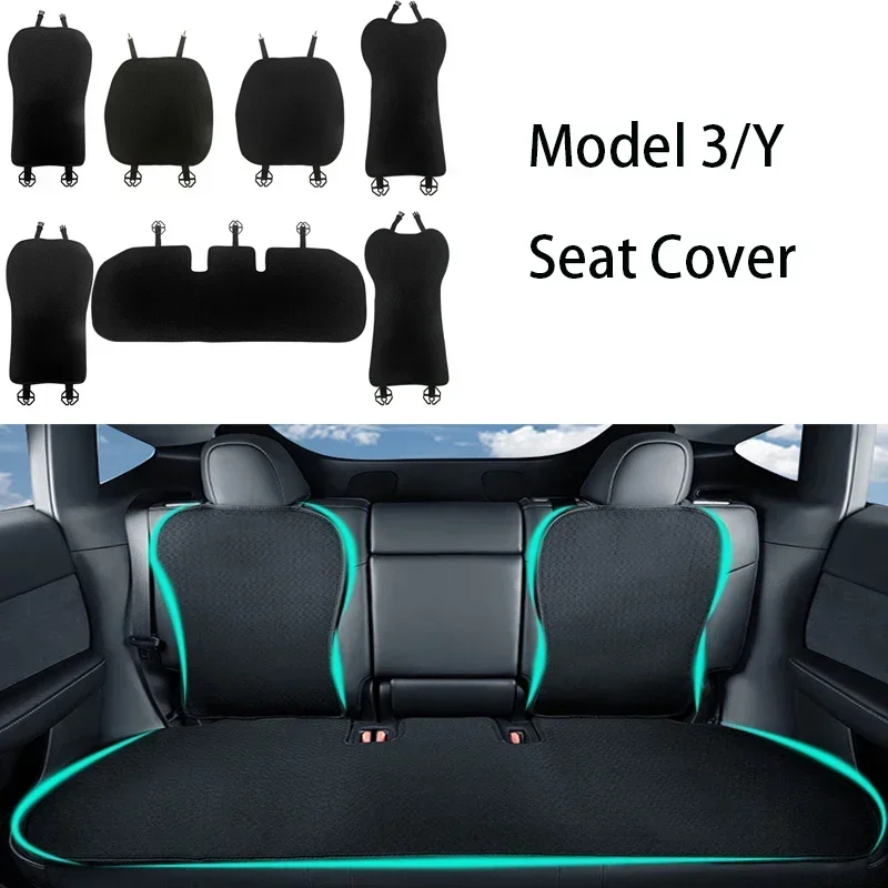 7pcs/set Mats For Tesla Model 3/Y/3+ Car Seat Cushion Breathable All Season Back Seat Pad Protector Covers Ice Silk Accessories