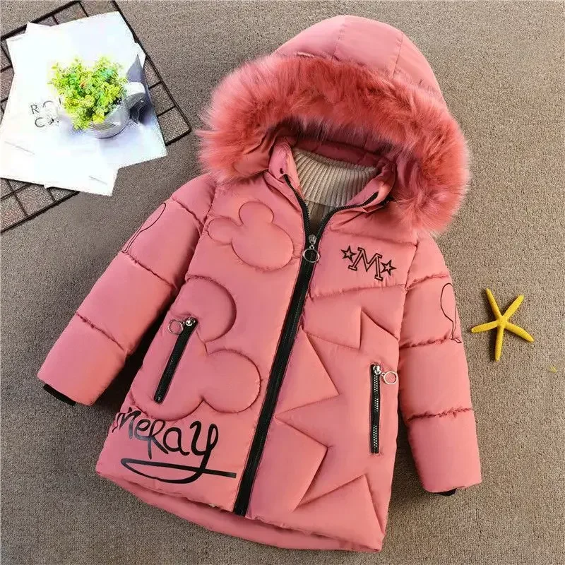 2024 New Teenager Winter Keep Warm Girls Jacket Letter Long Style Hooded Windbreaker Coat for Kids Children Christmas Outerwear