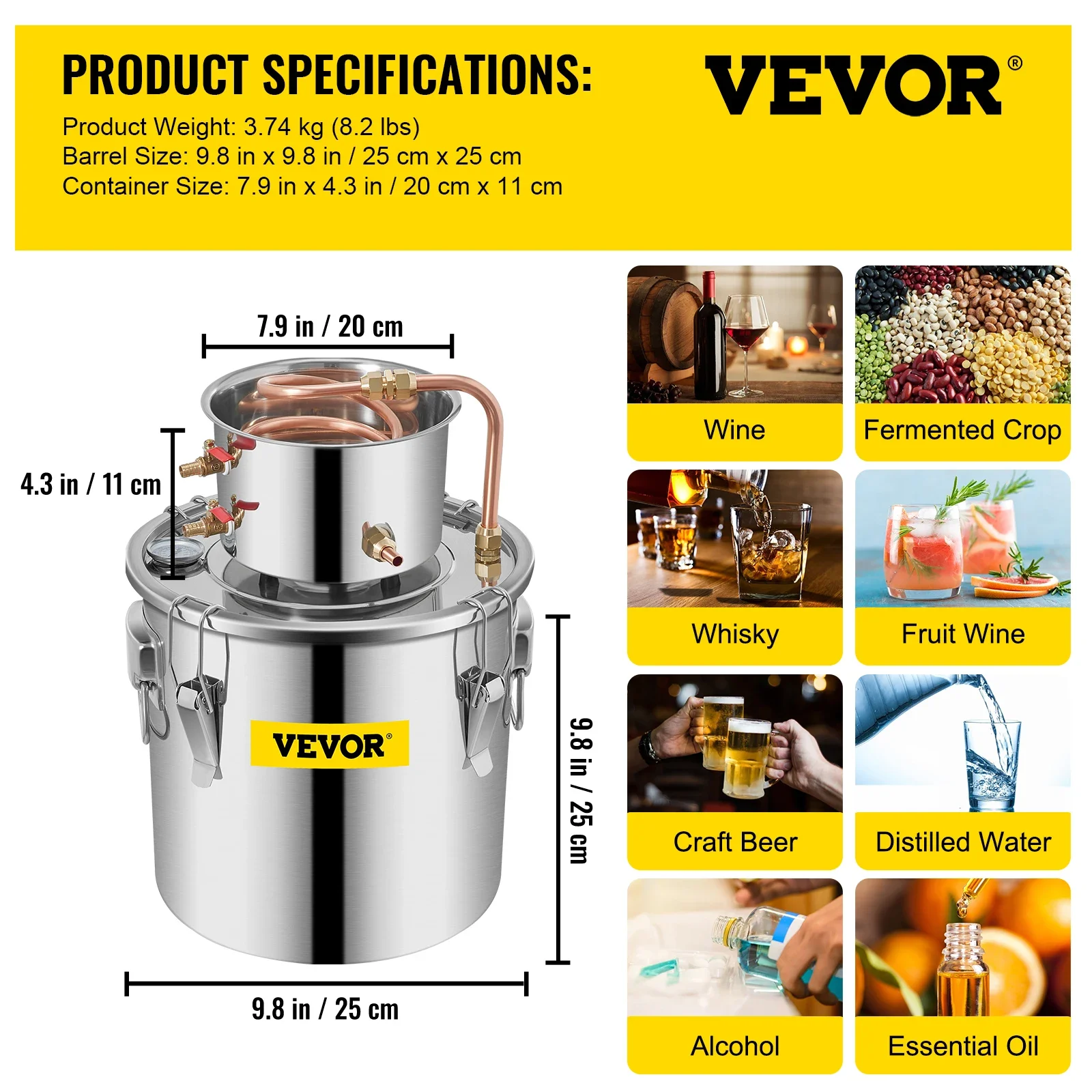 VEVOR 3 5 8 13 Gal destylator alambiczny bimber alkohol wciąż ze stali nierdzewnej miedzi DIY domowe warzenie wody wino zestaw do parzenia olejków