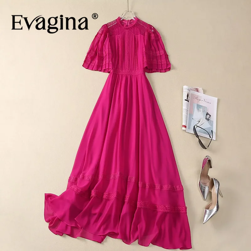 

Evagina Summer Women's Dress Stand Collar Half Sleeved Lace Splicing High Waiste Slim Vintage Solid Color Party Dresses