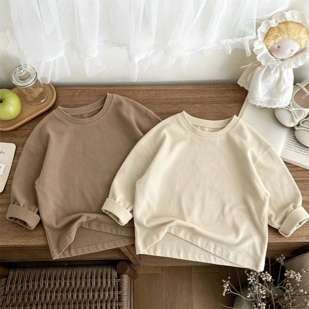 Round Neck Pullovers 2 3 4 5 6 7Years Old Small Child Spring Summer T-shirt New Design Solid Color All-match Long-sleeved Tops
