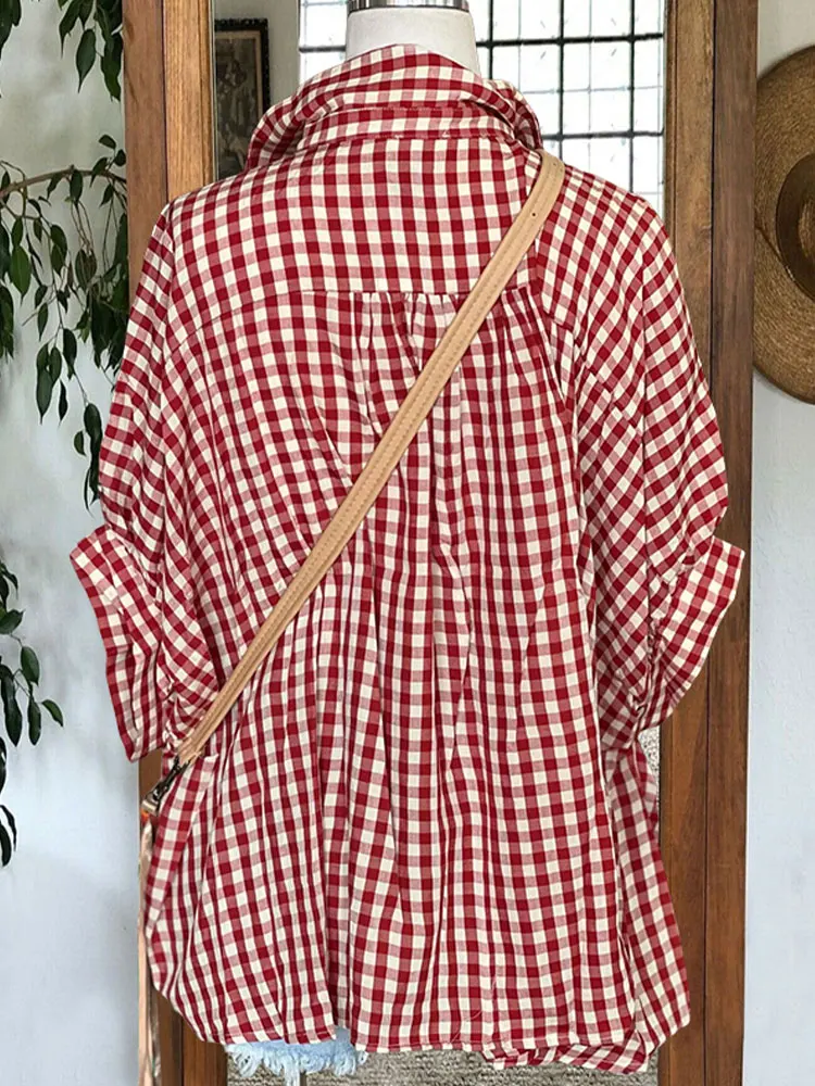 Top de manga Dolman a cuadros, blusa de lino rojo con hombros caídos, Mangas de globo, camisa, chaqueta, cuello de solapa con muescas Boxy