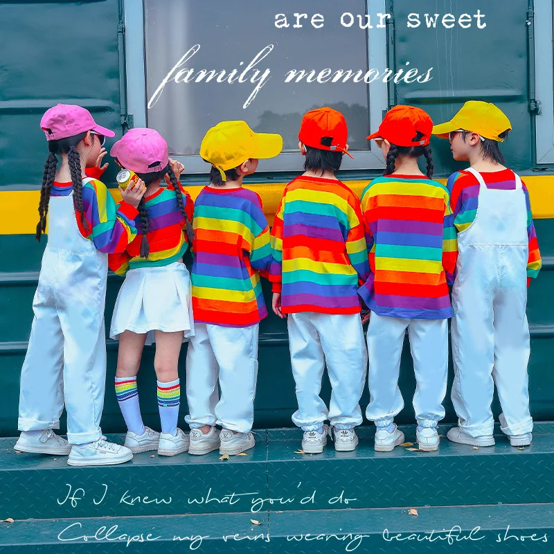 Children Hip Hop Overalls Candy Color Street Dance Dungaree Jumpsuit for Boys And Girls Rainbow T-Shirt And Trousers Romper Suit