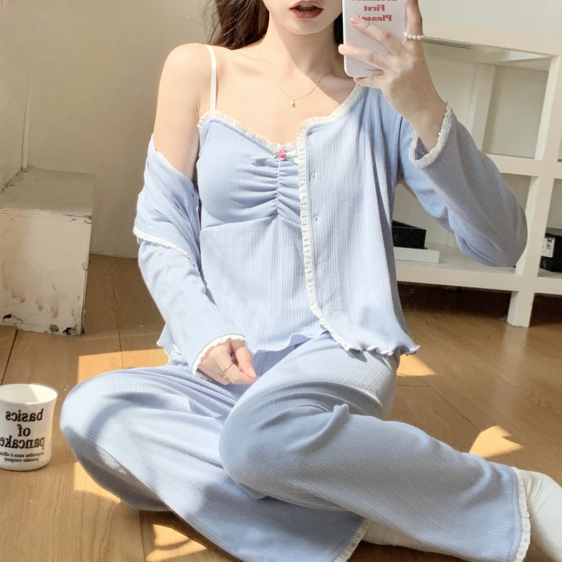 Solid Pajama Sets Women Sexy 3 Piece Simple Elegant Ladies Nightwear Prevalent Advanced Hotsweet Minimalist Lounge Exquisite